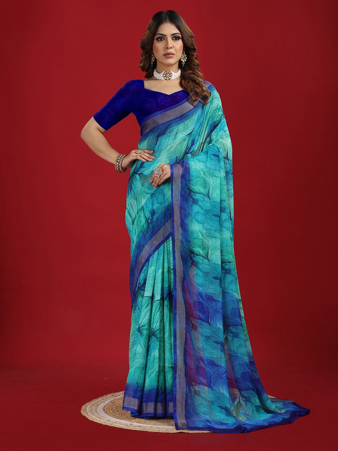 

NIRMAL CREATION Women's Georgette Floral Printed Saree, Blue