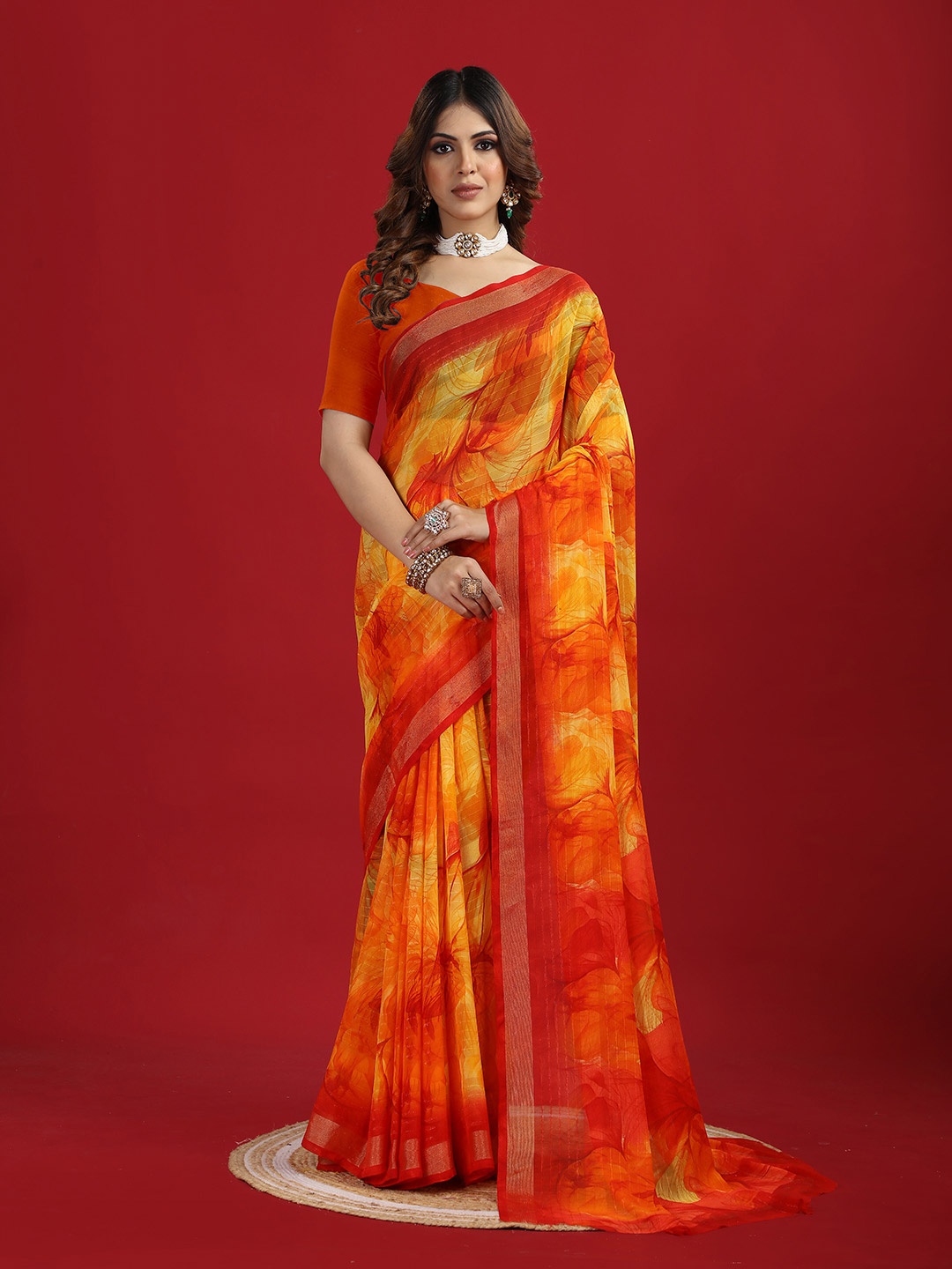 

NIRMAL CREATION Women's Georgette Floral Printed Saree, Orange