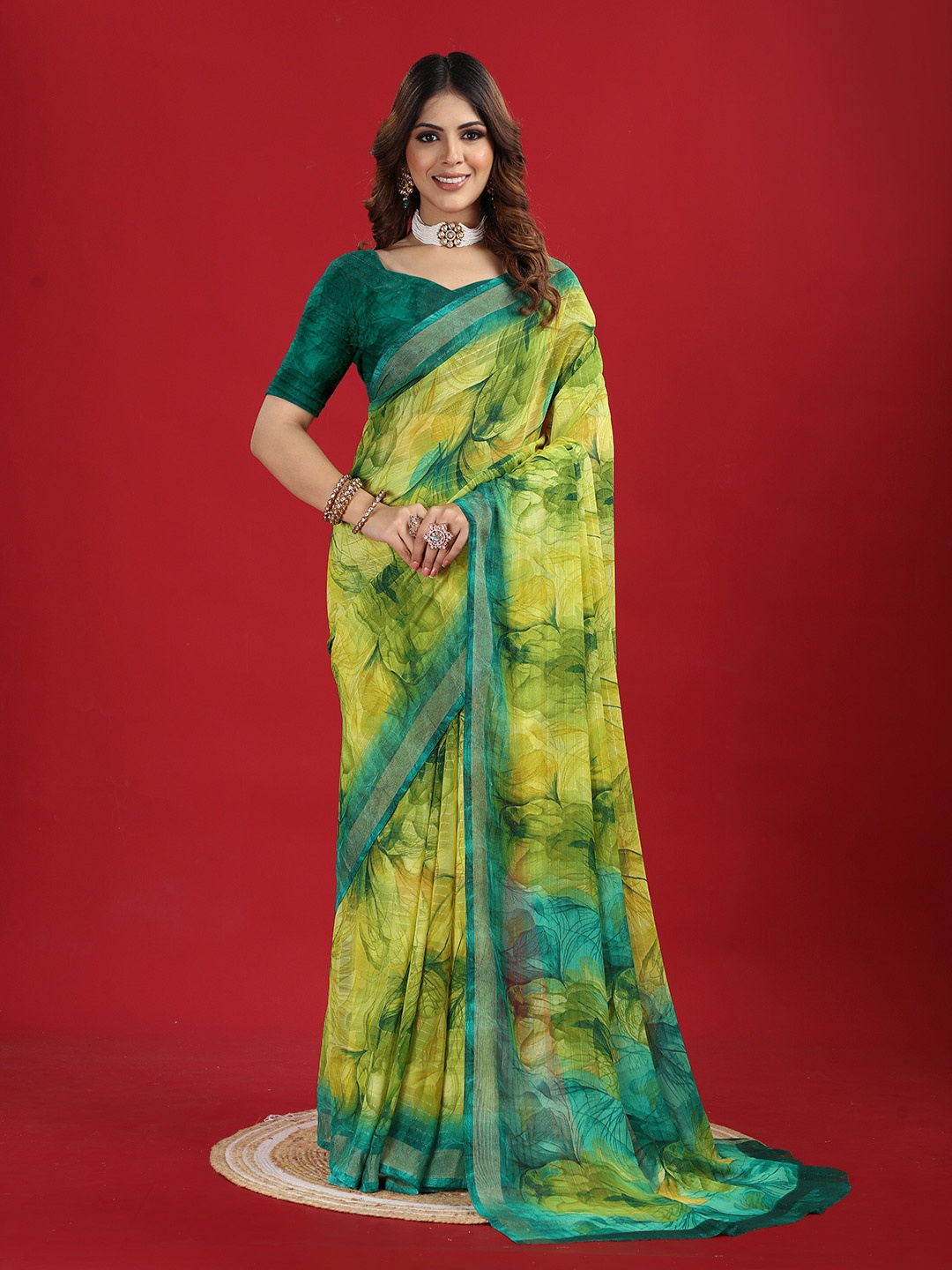 

NIRMAL CREATION Women's Georgette Floral Printed Saree, Green