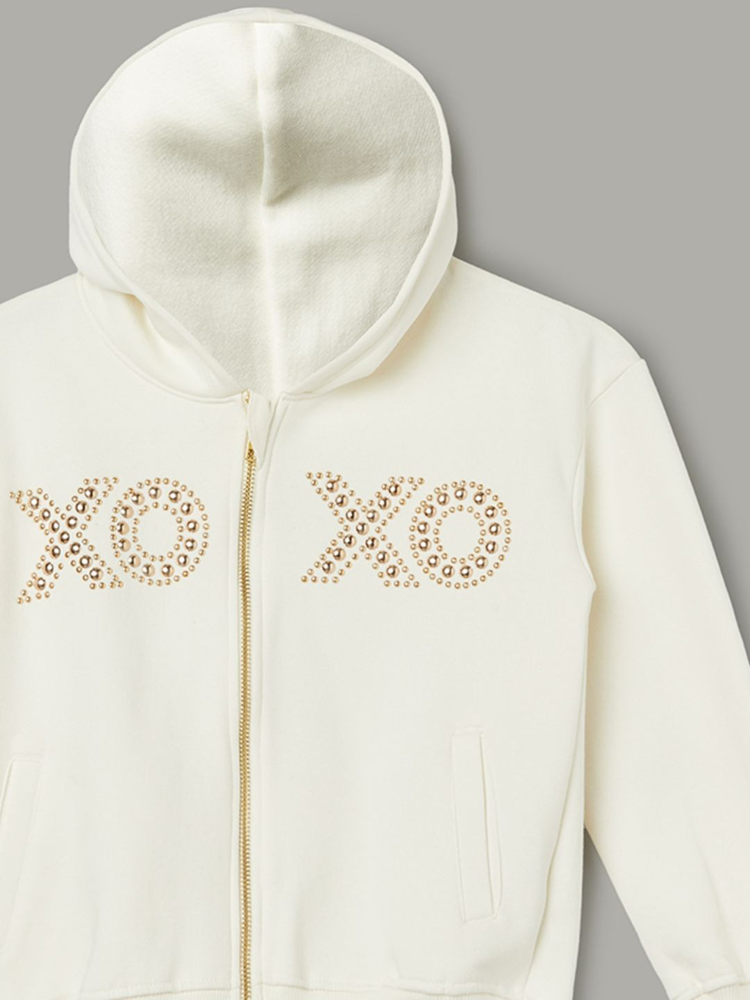

Fame Forever by Lifestyle Girls Embellished Hooded Front-Open Cotton Sweatshirt, Off white