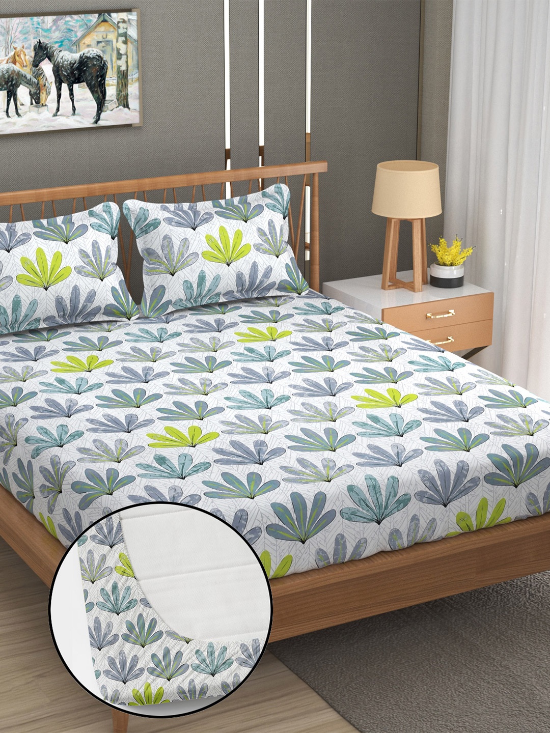 

YaAkholic White & Green Floral 210 TC King Fitted Waterproof Bedsheet Set- 1.9 M x 1.8 M