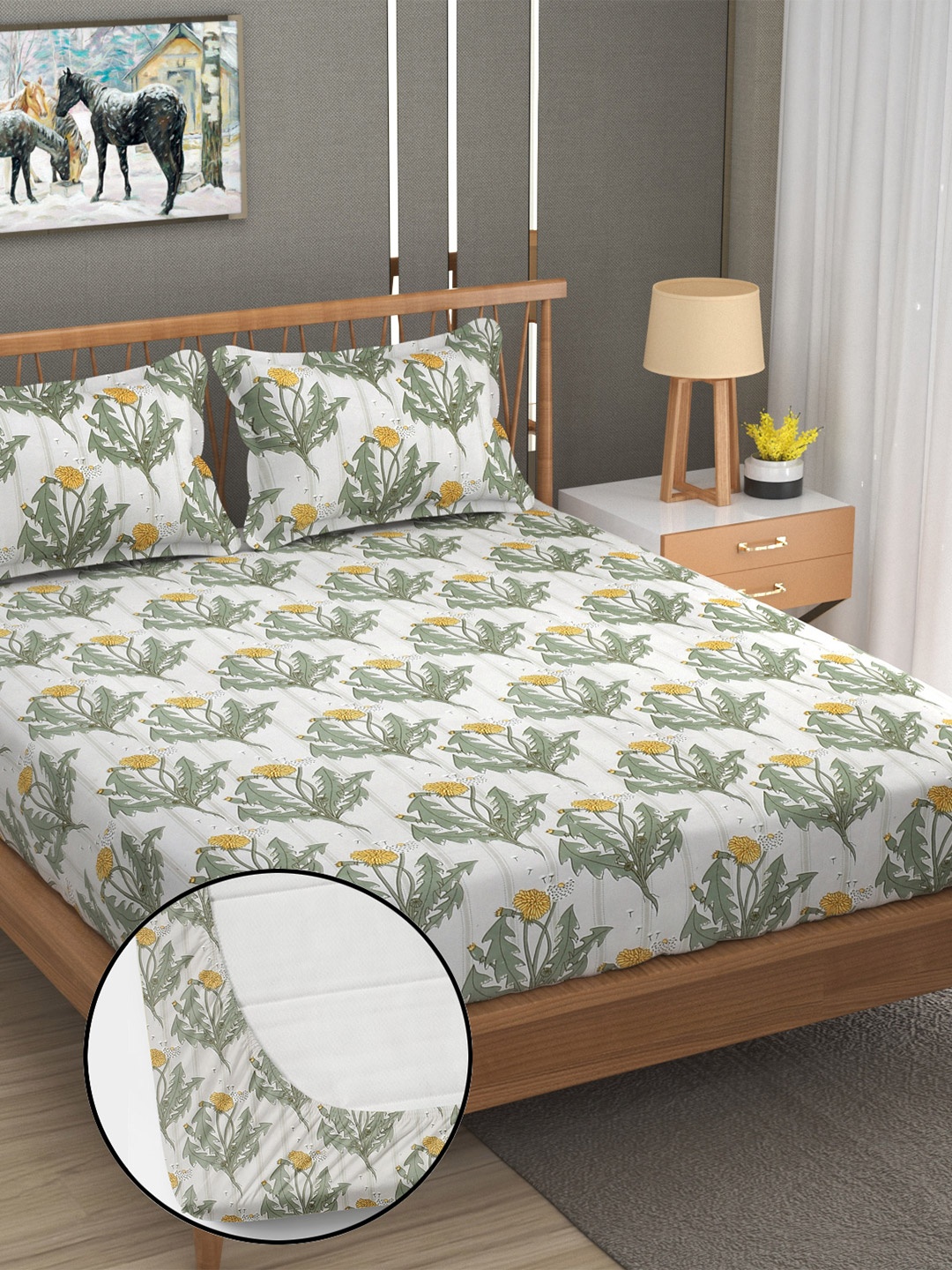 

YaAkholic White & Green Floral 210 TC King Fitted Waterproof Bedsheet Set- 1.9 M x 1.8 M
