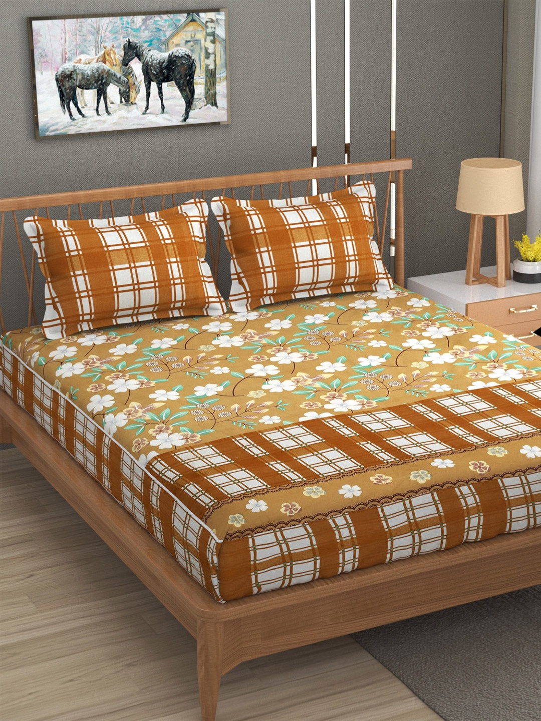 

YaAkholic Coffee Brown Floral 210TC King Fitted Waterproof Bedsheet Set- 1.9 M x 1.8 M