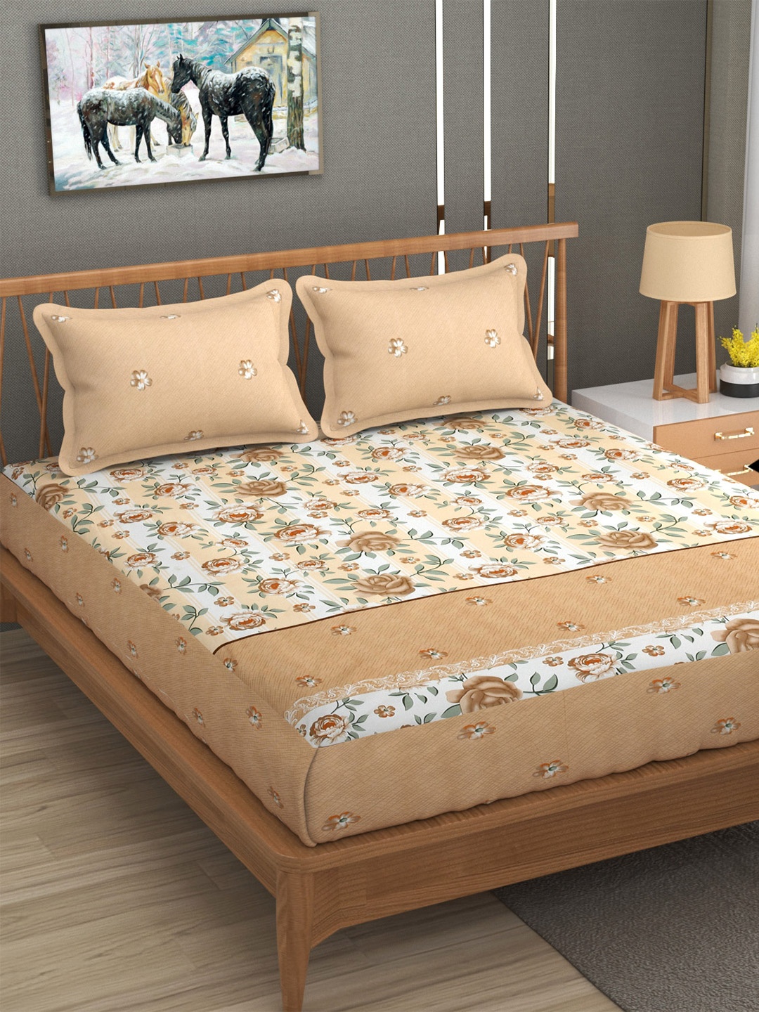 

YaAkholic Beige & Purple Floral 210 TC King Fitted Waterproof Bedsheet Set- 1.9 M x 1.8 M