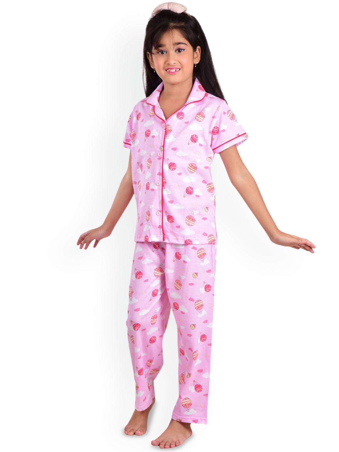

Clothe Funn Girls Printed Pure Cotton Shirt Collar Night suit, Pink