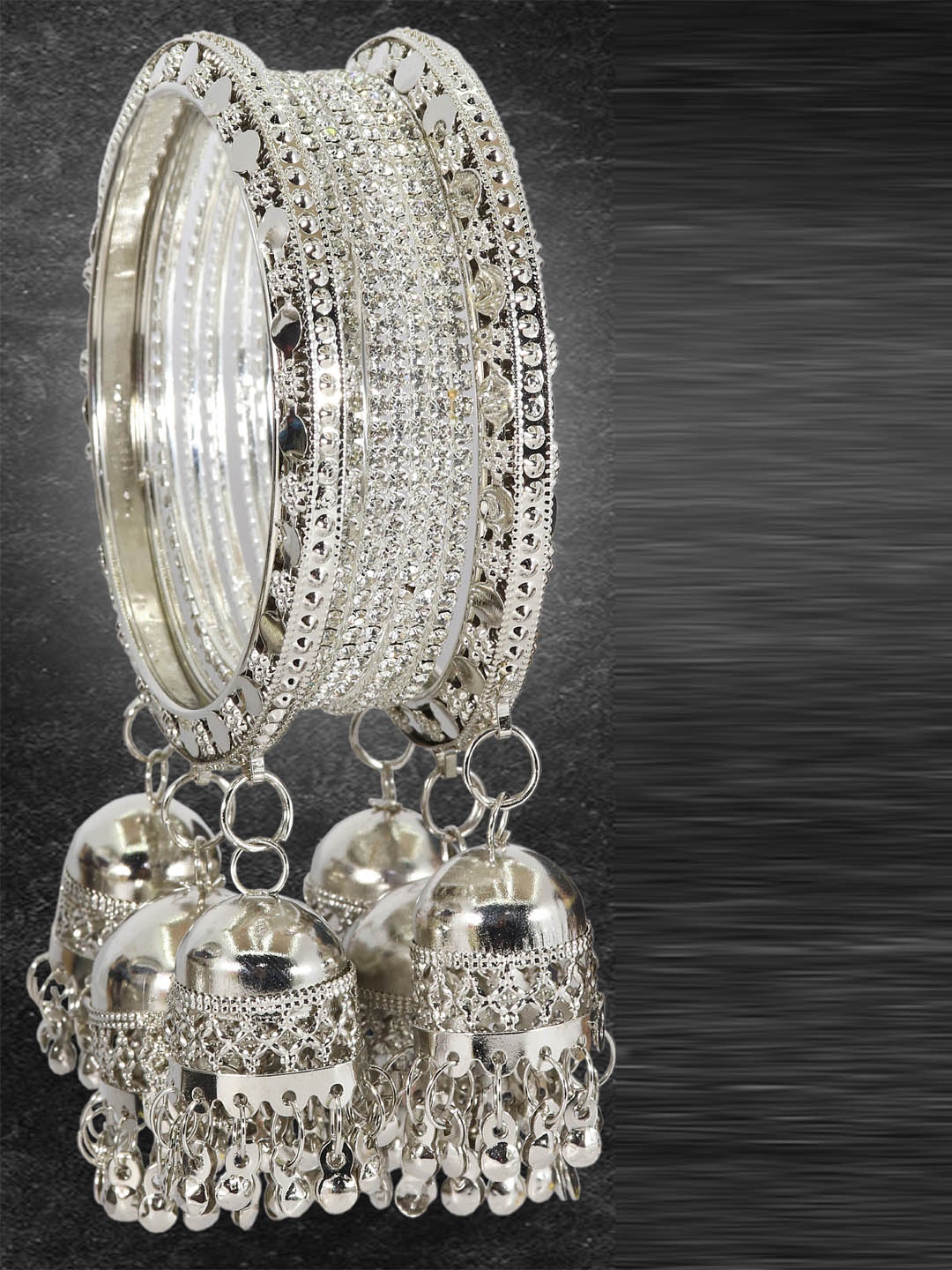 

ZULKA Set Of 16 Artificial Stones Studded Oxidized Metal Latkan Bangles, Silver
