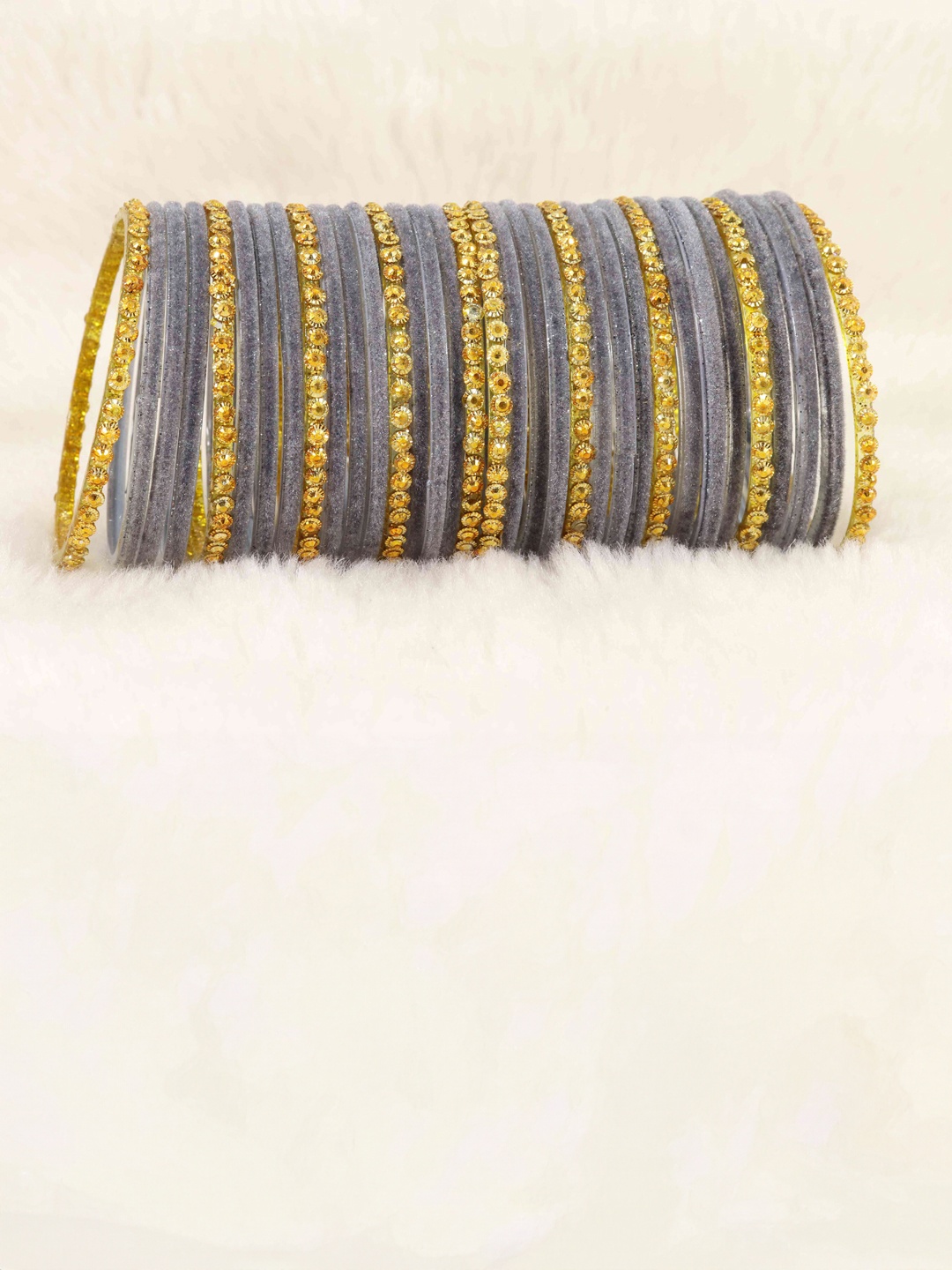 

Set of 34 Stylish Glass & Golden Beads Velvet Bangle | Fancy Bangles, Grey
