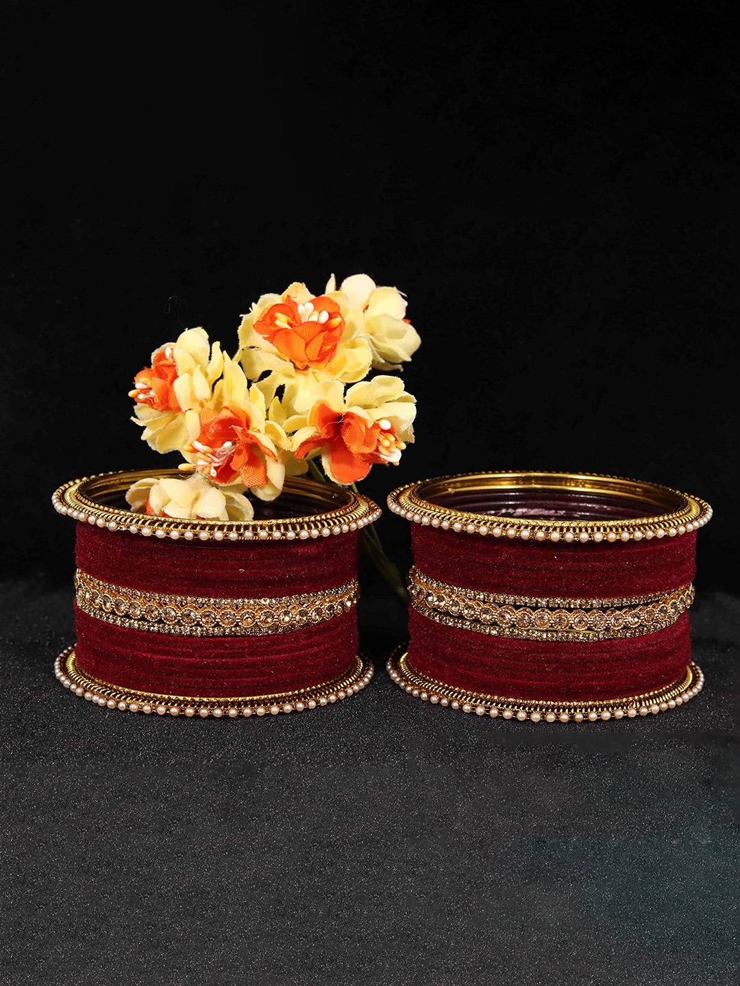 

Set of 34 Traditional Zircon Diamond Studded Beaded Metal Bangles, Red