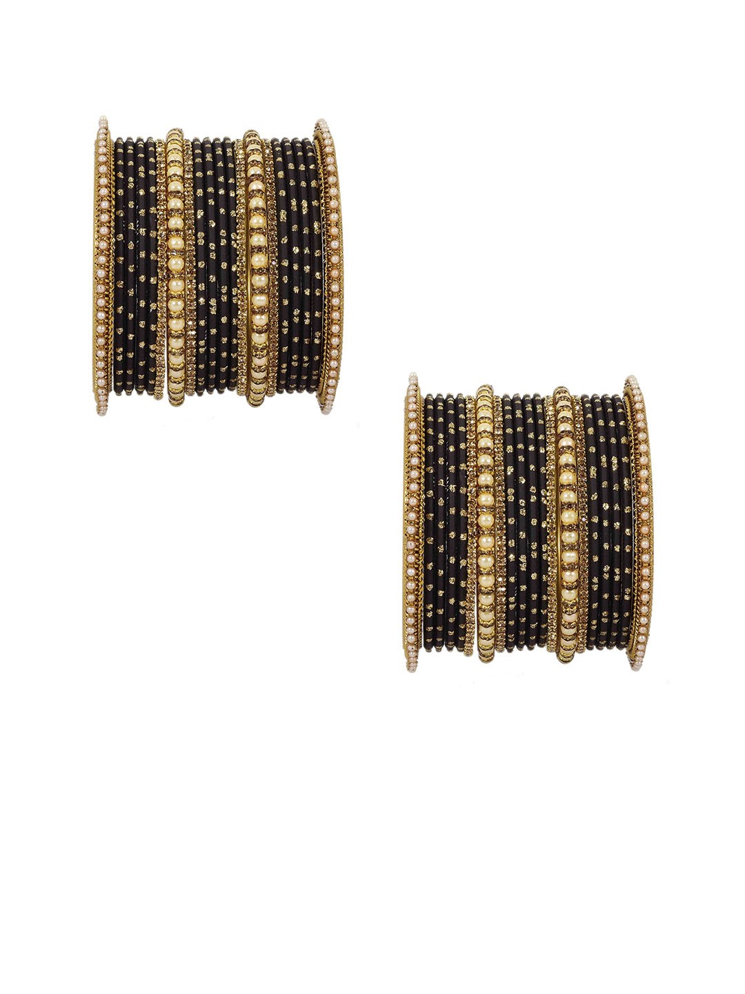 

ZULKA Set of 40 Zircon Gemstone Studded & Pearls Beaded Metal Bangles, Black