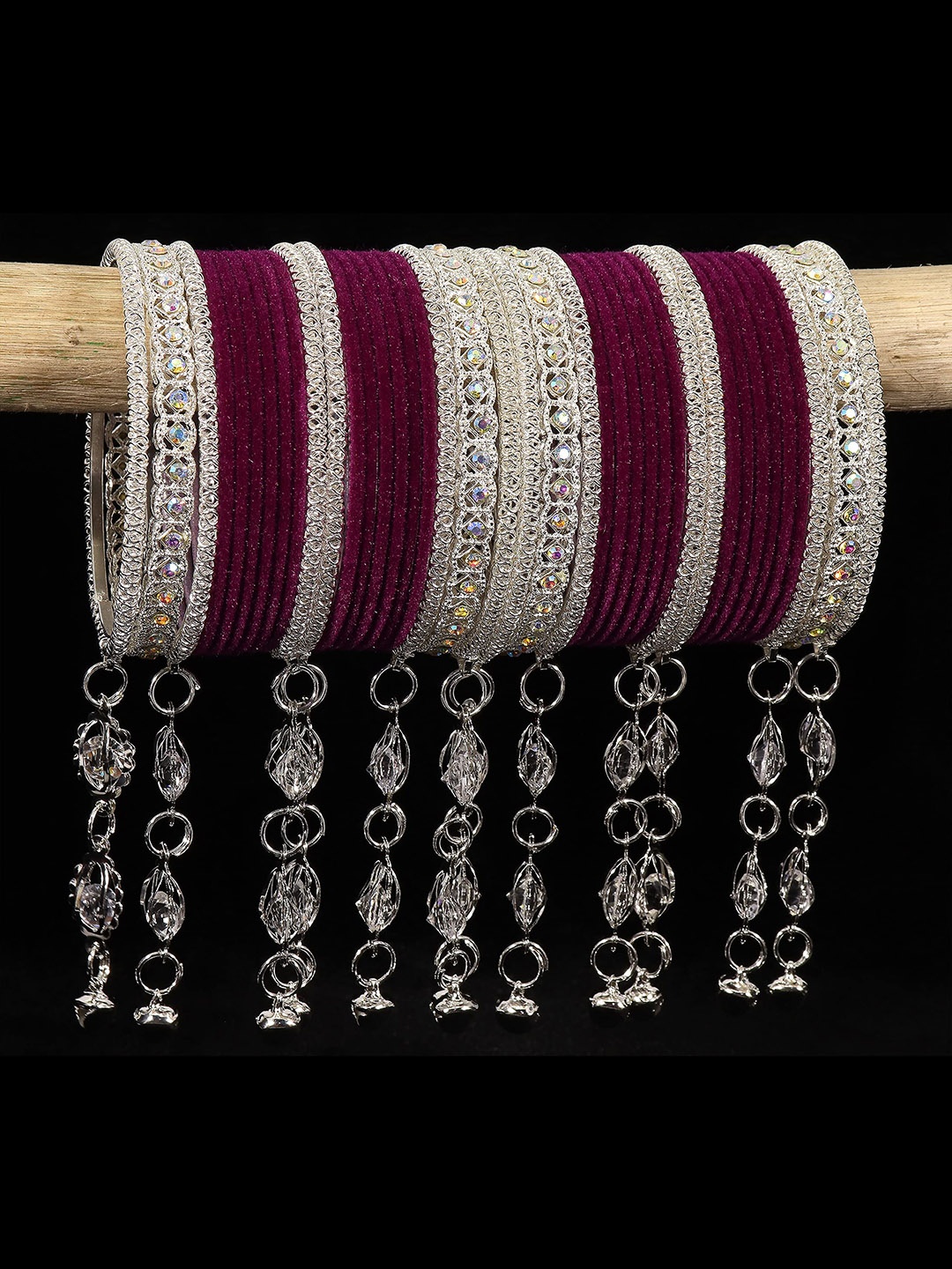 

ZULKA Set of 78 Alloy Artificial Stones and Beads Studded Velvet Bangles, Magenta