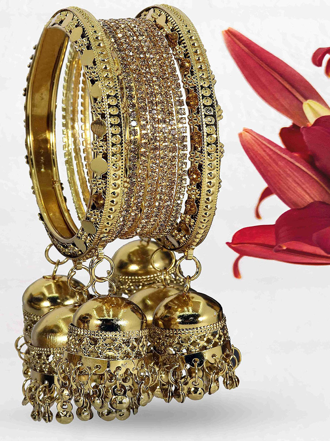 

Set of 38 Non-Precious Metal with Base Metal Zari Dotted Rainbow Zircon Gemstone Bangles, Gold