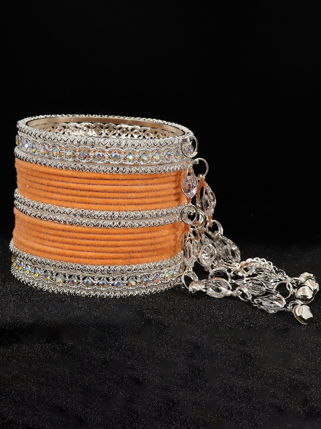 

Set of 78 Metal with Cubic Zirconia and Pearls Velvet Bangles, Black