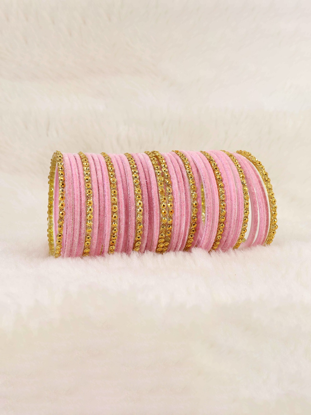 

ZULKA Pack Of 34 Floral Beads Studded Velvet Bangles, Pink