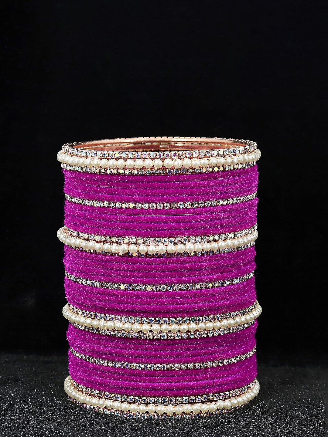 

Set of 78 Metal with Cubic Zirconia and Pearls Velvet Bangles For Women, Purple