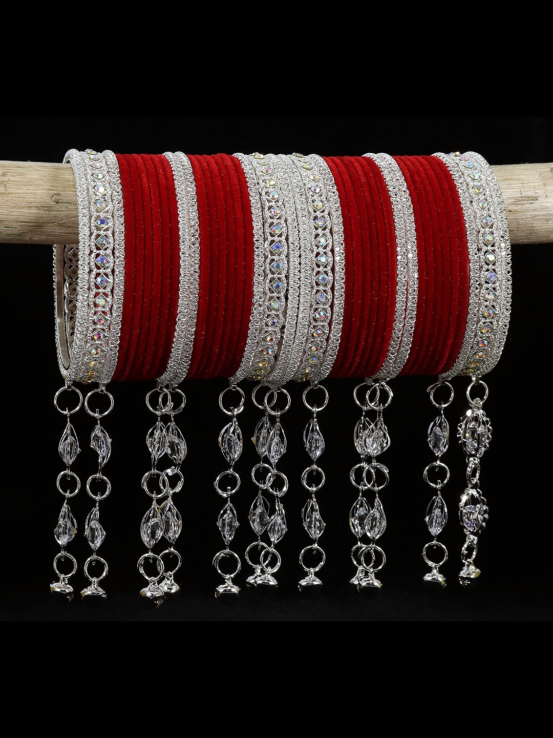 

ZULKA Set of 78 Metal with Cubic Zirconia and Pearls Velvet Bangles, Maroon
