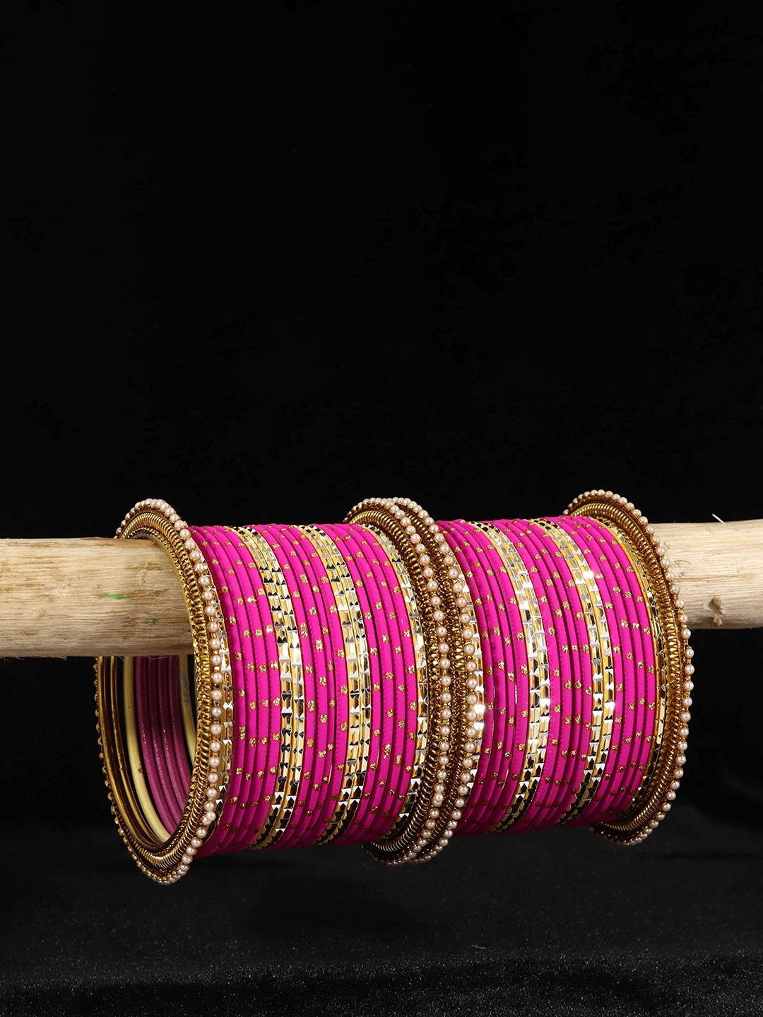 

ZULKA Set of 34 Traditional Metal Bangles Studded Zircon Diamond Stone & Pearls, Black