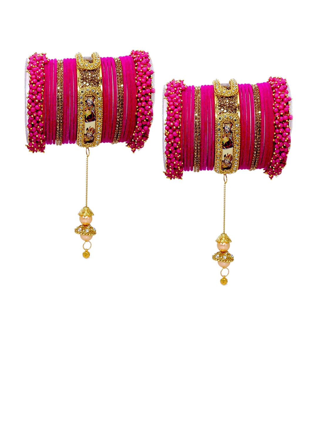 

ZULKA Set of 46 Metal Base with Zircon Gemstone Studded Bangles, Pink