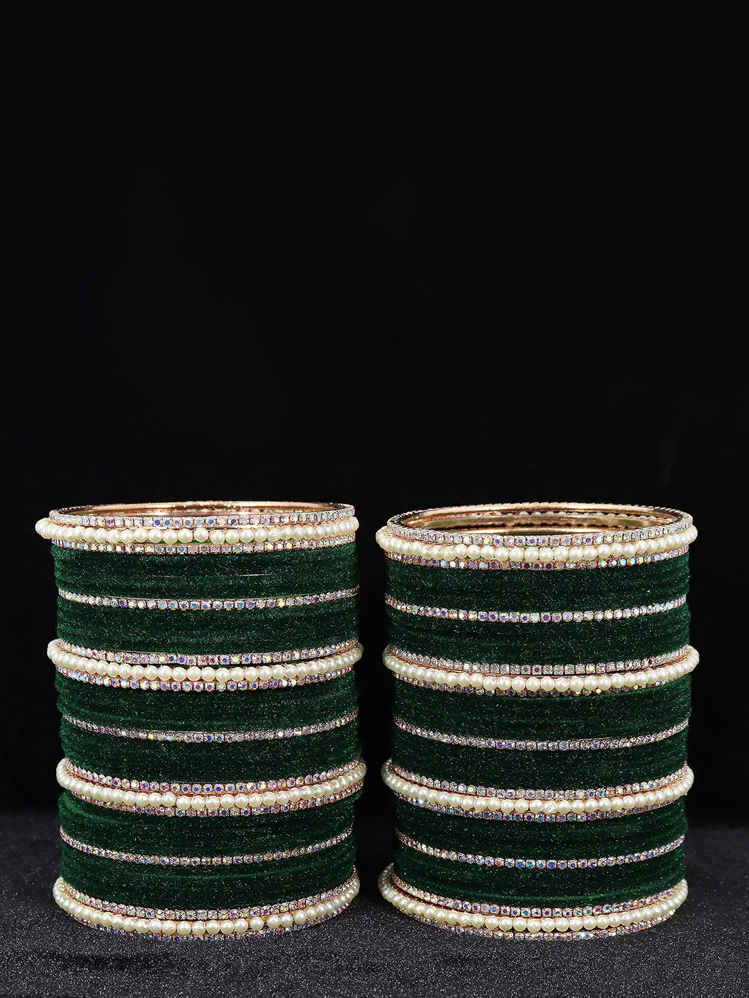 

ZULKA Set Of 78 Cubic Zirconia and Pearls Velvet Bangles, Green