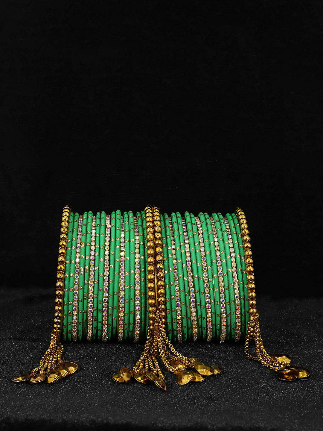 

ZULKA Set Of 38 Zari Dotted Gemstone Bangles With Bracelet Bells, Green