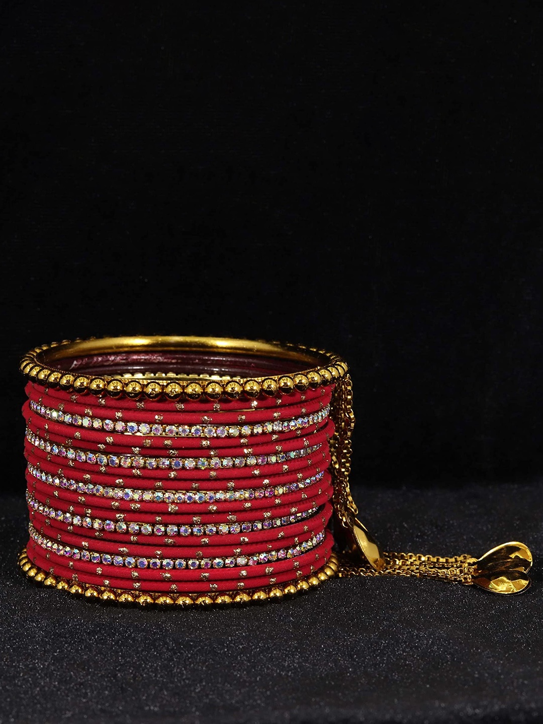 

ZULKA Set of 38 Women Stone Studded Zari Dotted Metal Bangles, Red
