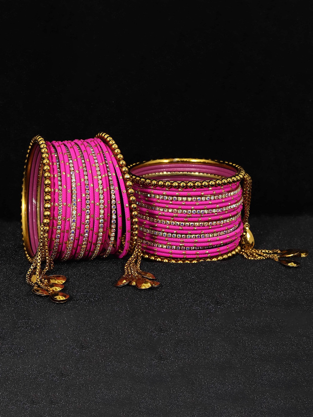 

ZULKA Set of 38 Rainbow Zircon Gemstone Zari Dotted Metal Latkan Bangles, Pink