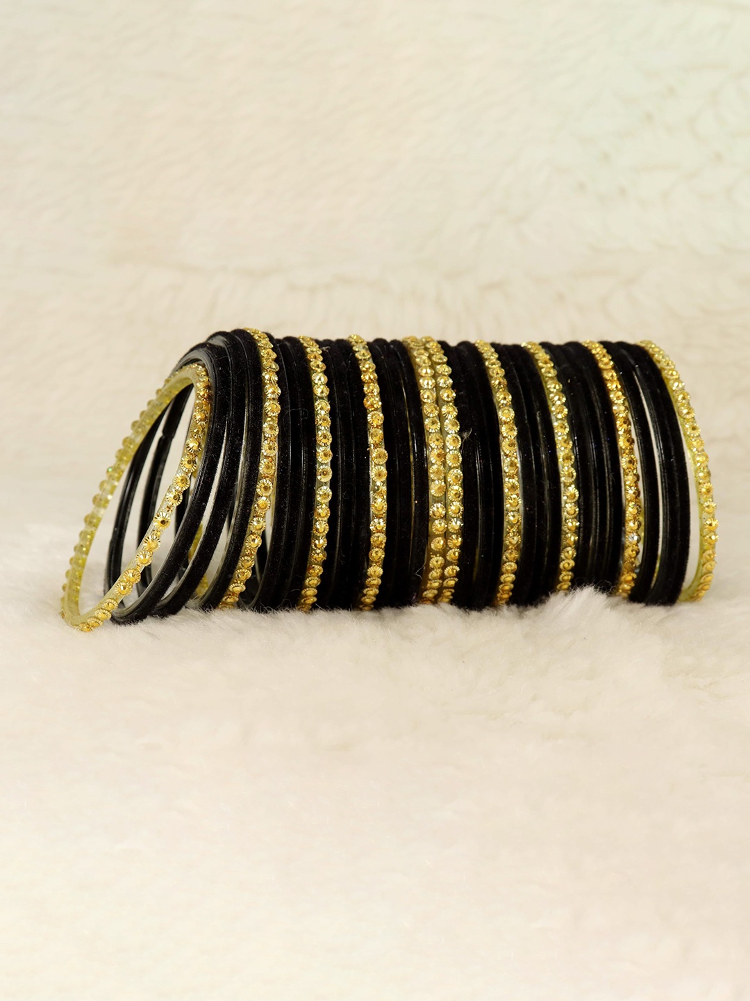 

ZULKA Set of 34 Glass & Golden Beads Velvet Bangles, Black