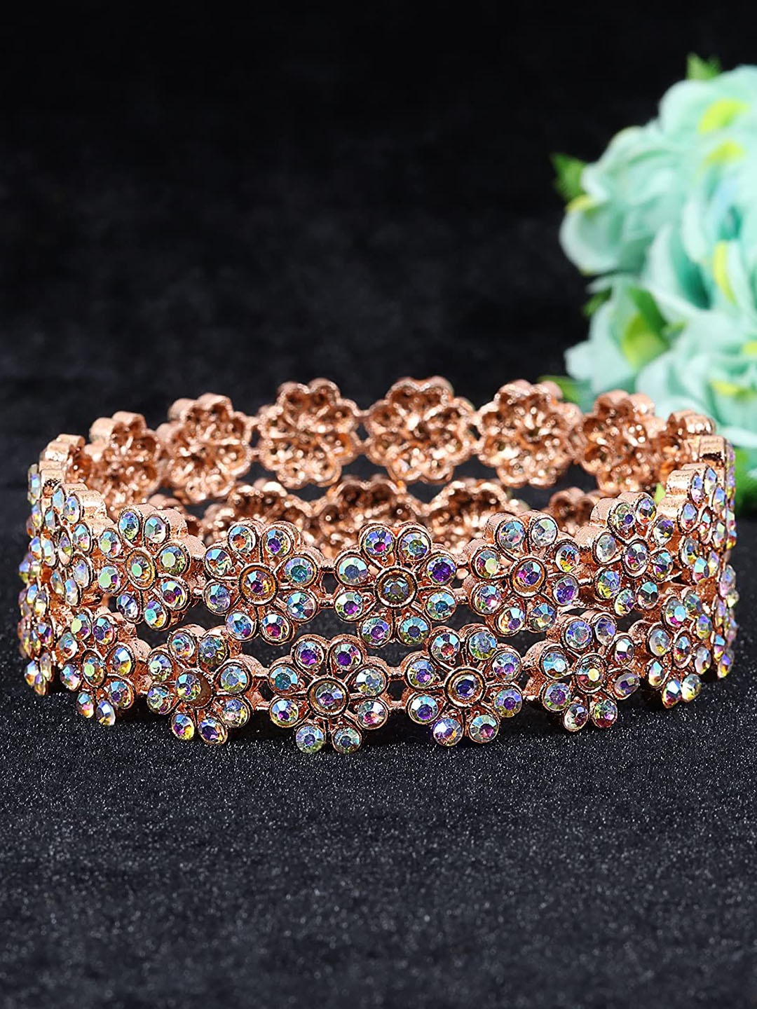 

ZULKA Set of 2 Gold Plated Zircon & Kundan Studded Bangles, Rose gold