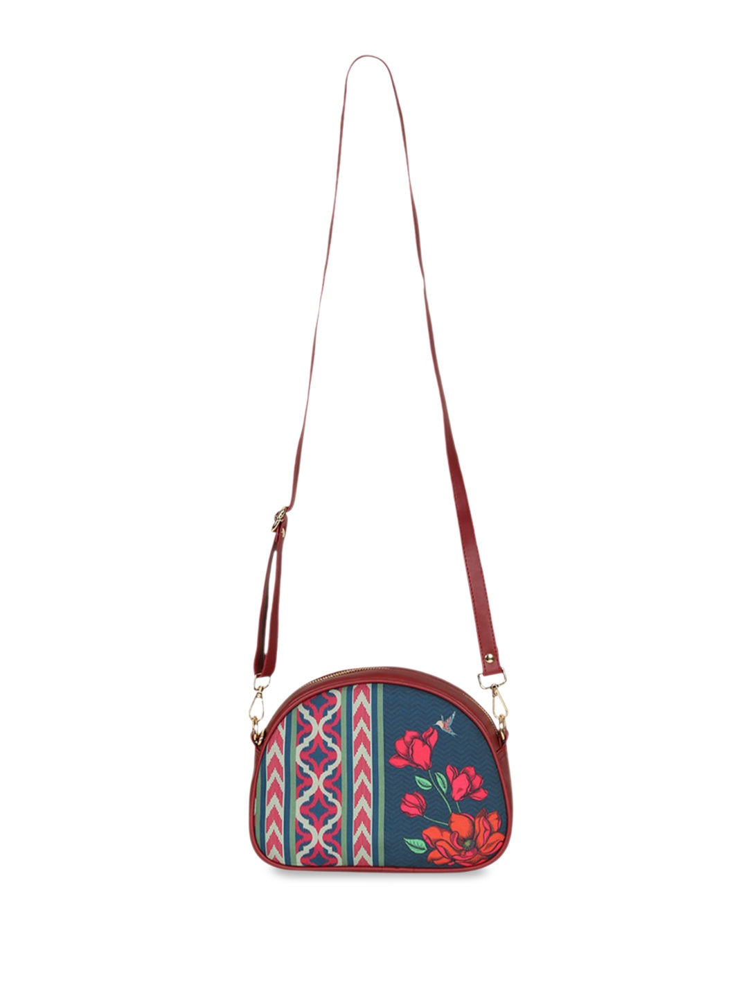 

India Circus by Krsnaa Mehta Unisex Floral Printed Half Moon Sling Bag, Navy blue