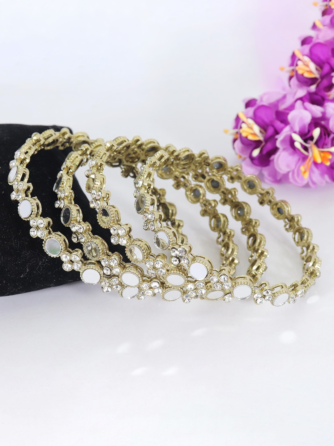 Set of 4 Fancy Mirror Work Metal Bangles with Diamond Stone, Gold