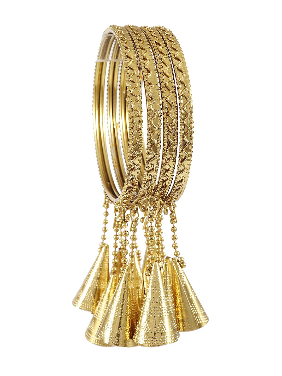 

Set of 4 Metal with Curved Kaleere Latkan Linked Kada, Gold