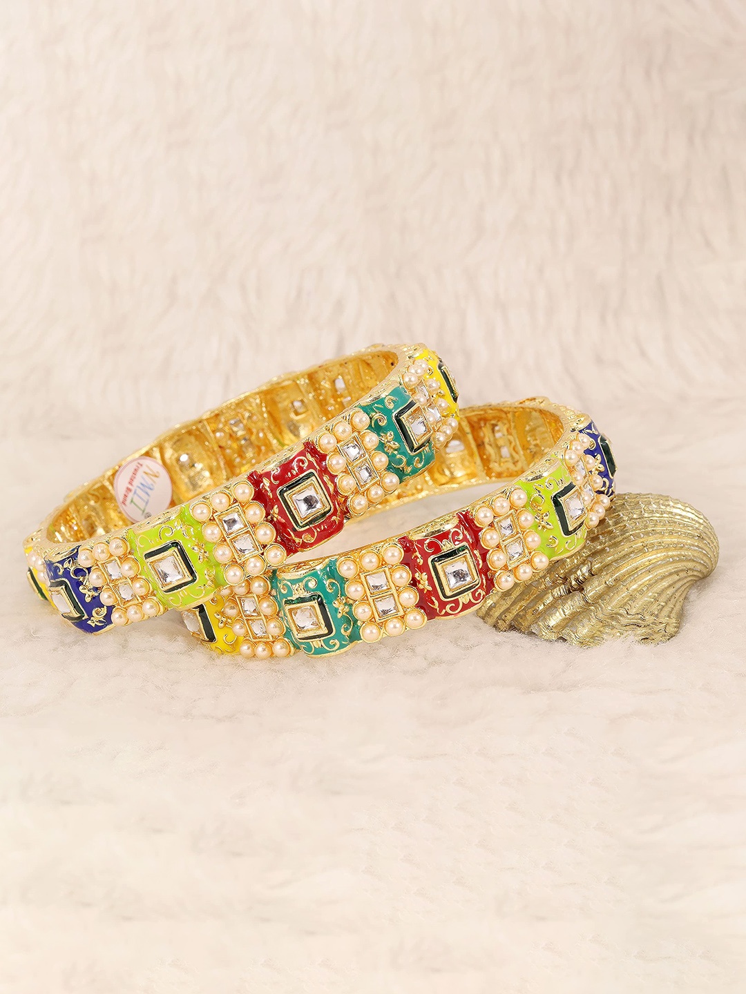 

Set of 2 Kundan and Pearl Traditional Metal Kada, Multi
