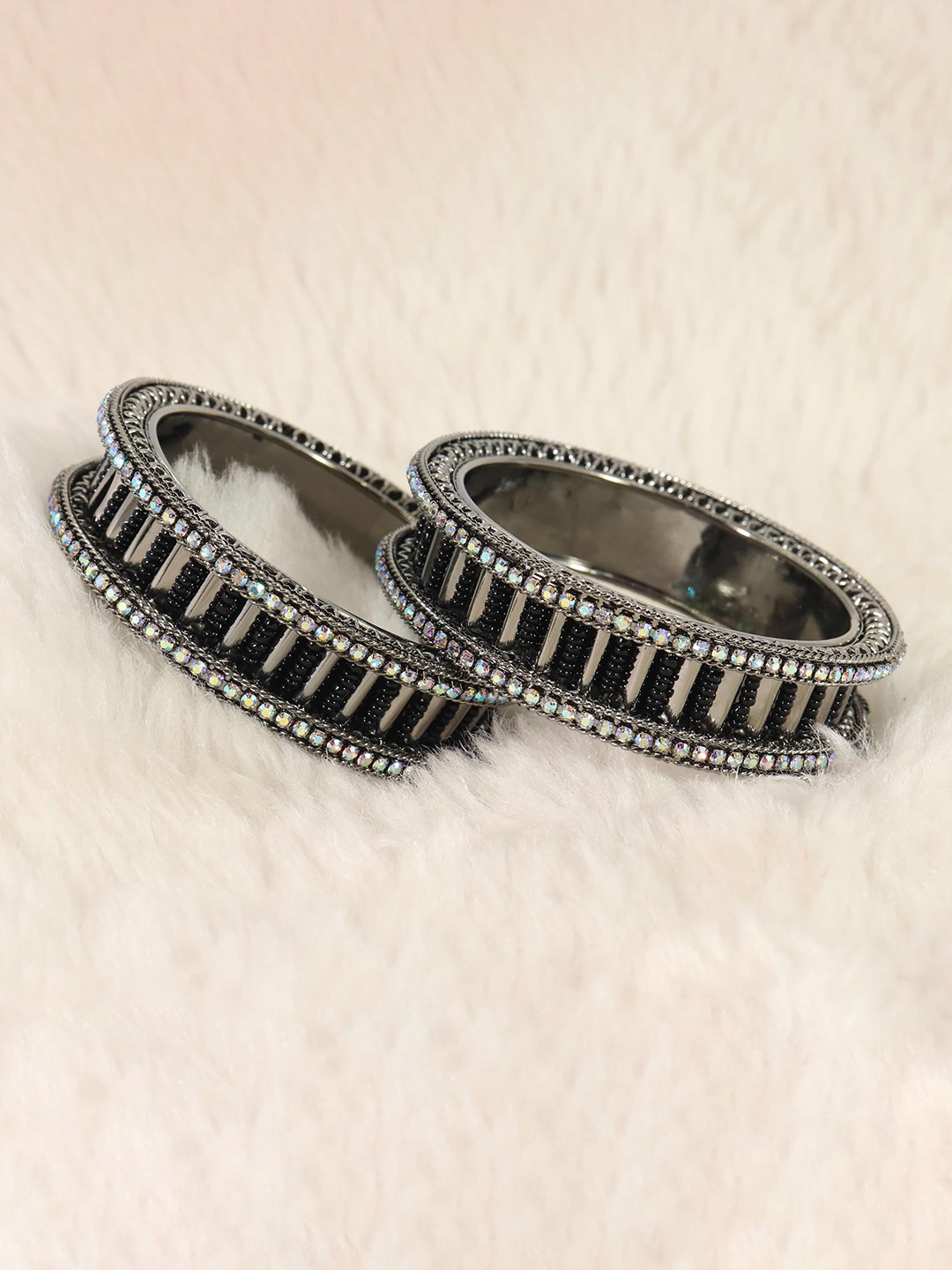 

Set of 2 Traditional American Diamond Stone Metal Kada Bangles For Women, Black