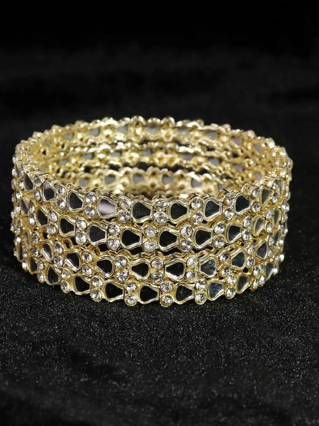 ZULKA Set of 4 Golden Metal with Zircon GemStone & Mirror Work Bangles, Gold