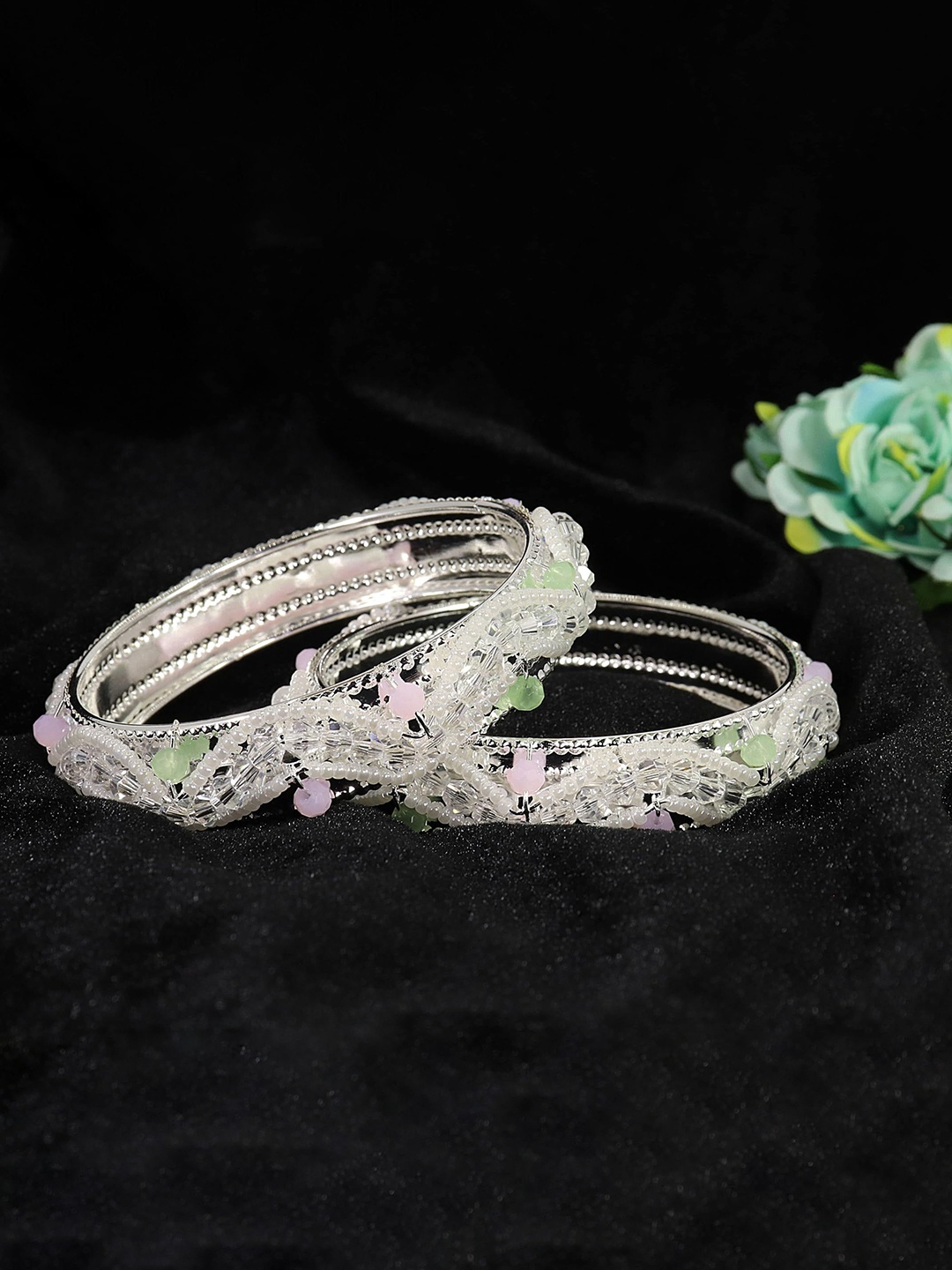 

ZULKA Set of 2 Pearls Metal Bangles, Silver