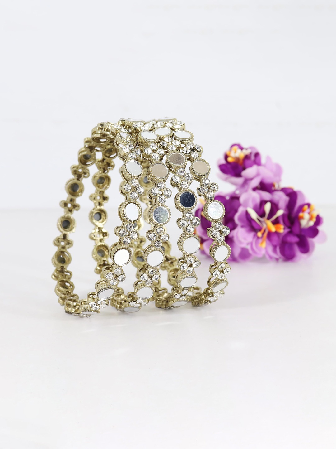 

ZULKA Set of 4 Fancy Mirror Work Metal Bangles with Diamond Stone, Metallic