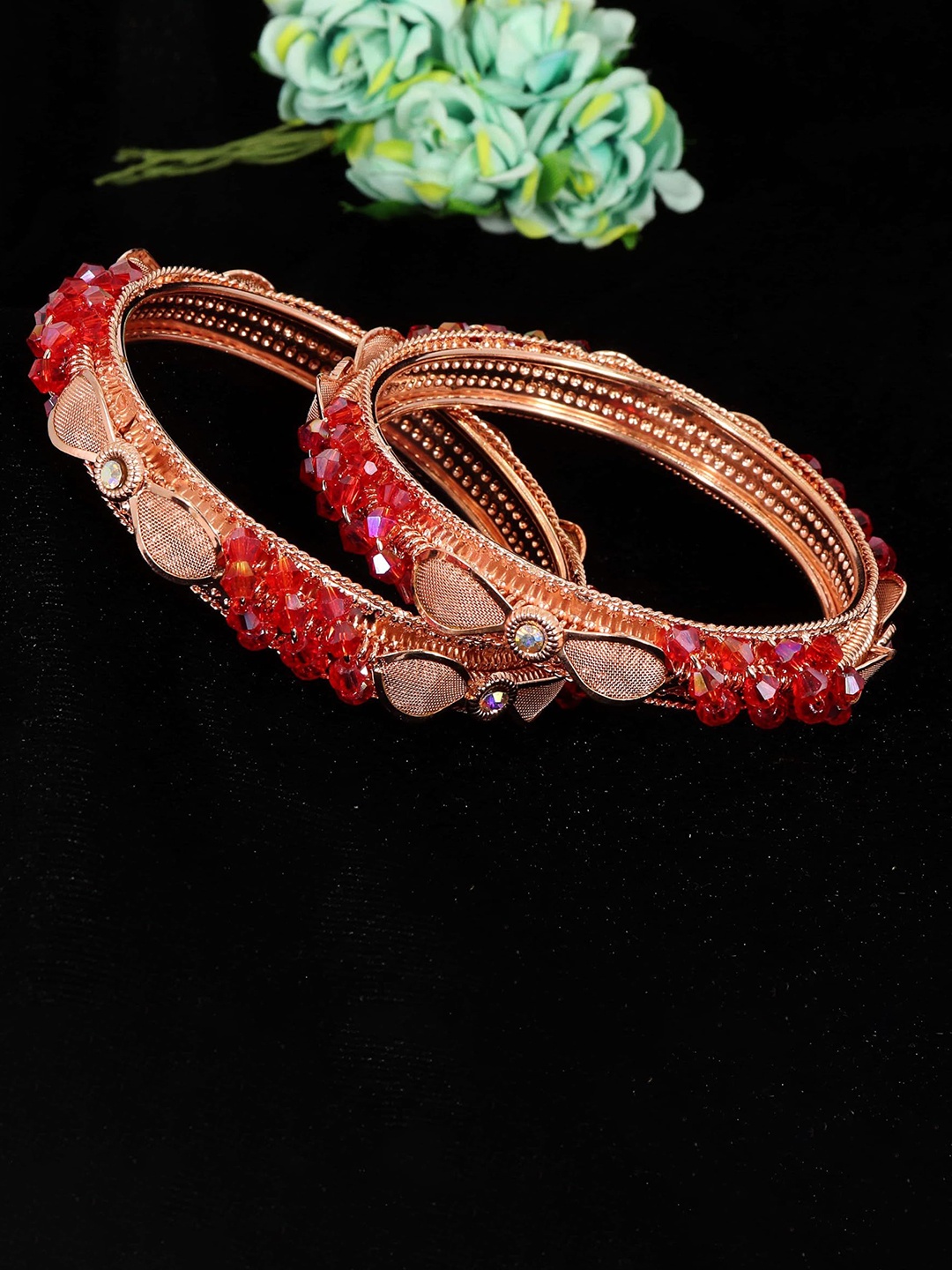 

ZULKA Set of 2 Rose-Gold Plated Metal Kada Bangles, Red
