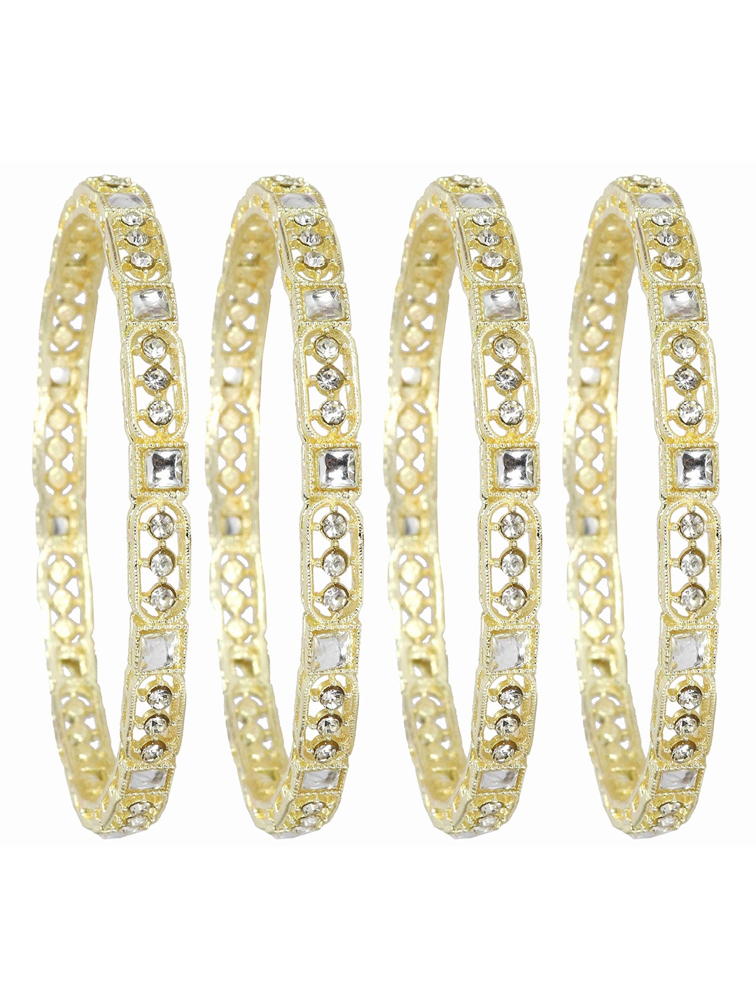 

ZULKA Set of 4 Premium Silver-Plated Zircon Stone & Kundan Mirror Work Bangles, Gold