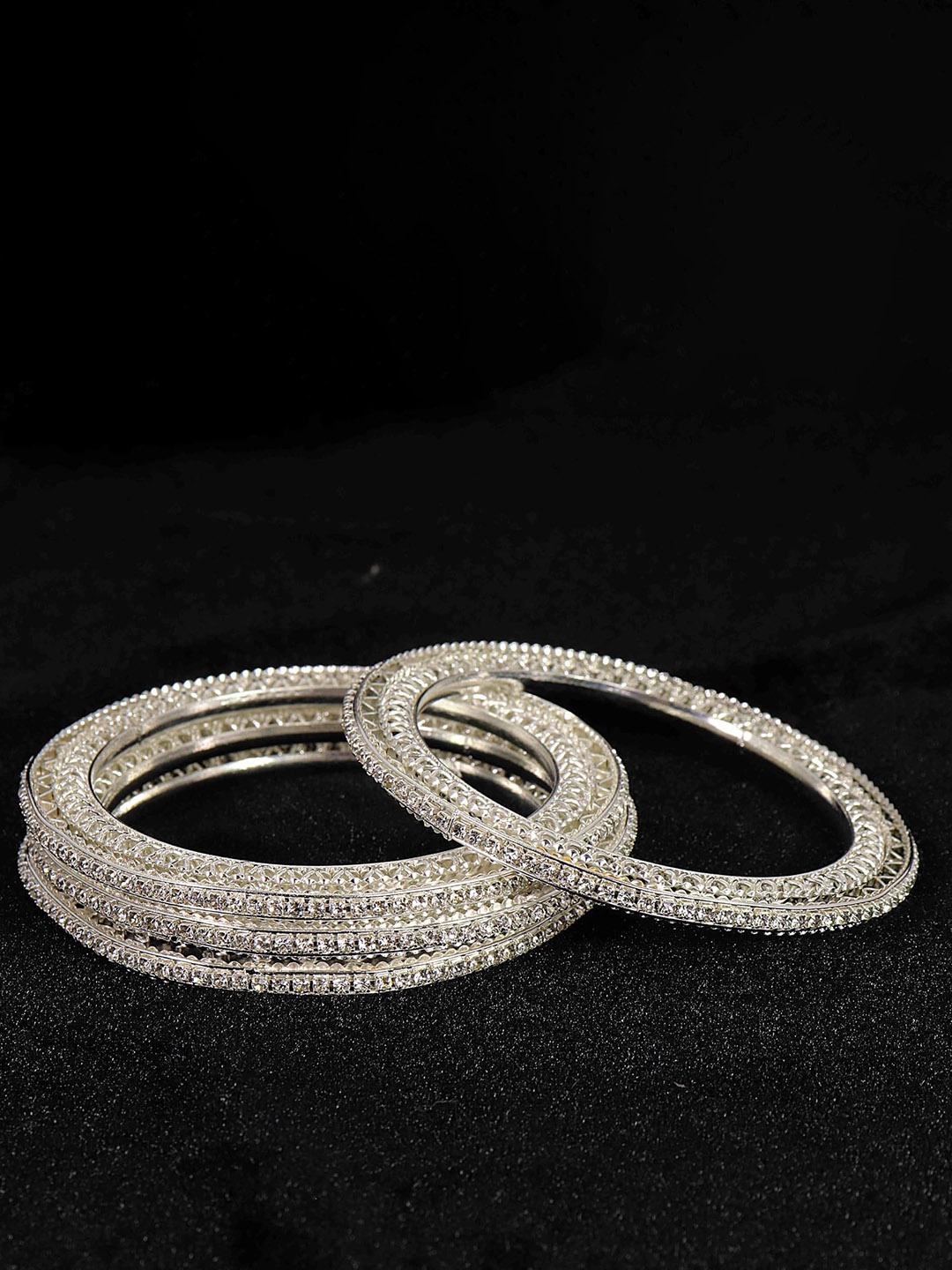 

ZULKA Set of 4 Zircon Diamond Stone Metal Bangles, Silver