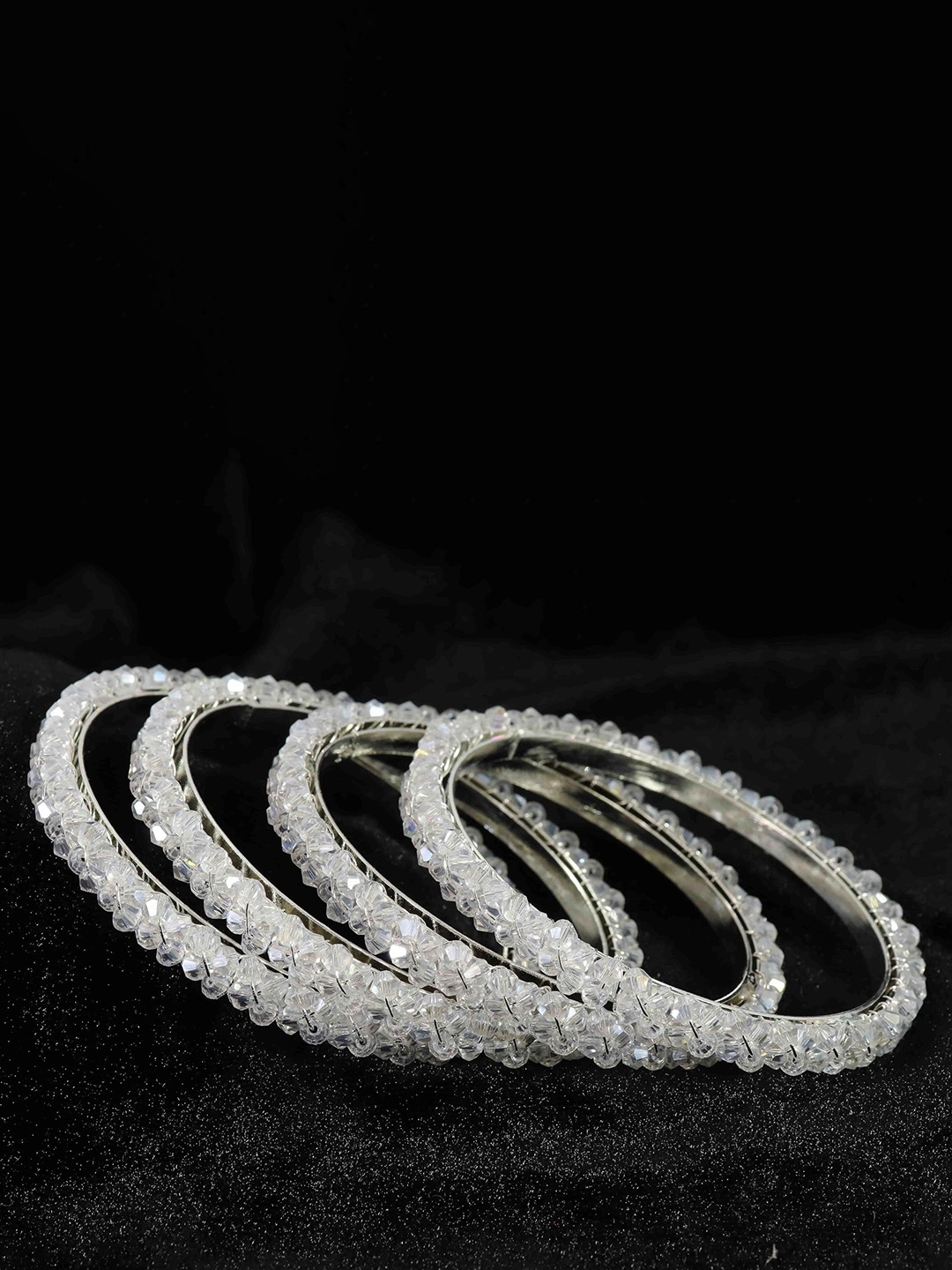 

ZULKA Set of 4 White Pearls Metal Bangles Kada For Women, Silver