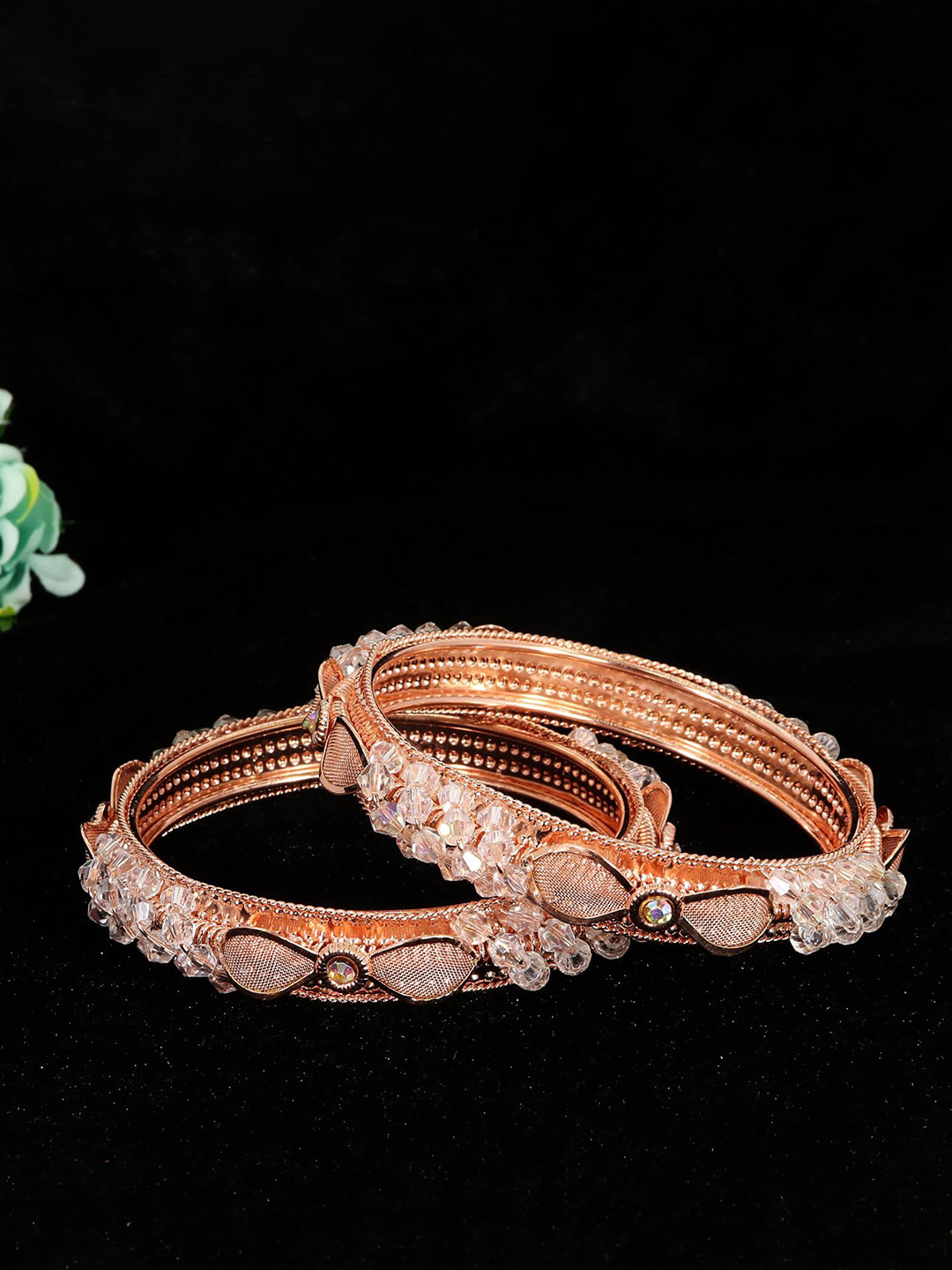 

ZULKA Set of 2 Rose-Gold Plated Metal with Pearls & Zircon Stone Bangles Kada, White