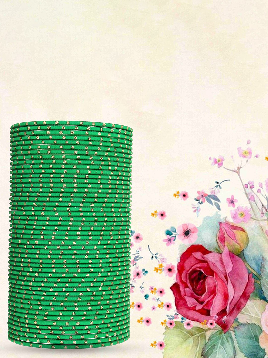 

ZULKA Set of 48 Traditional Plain Metal with Polka Dots Bangles, Green