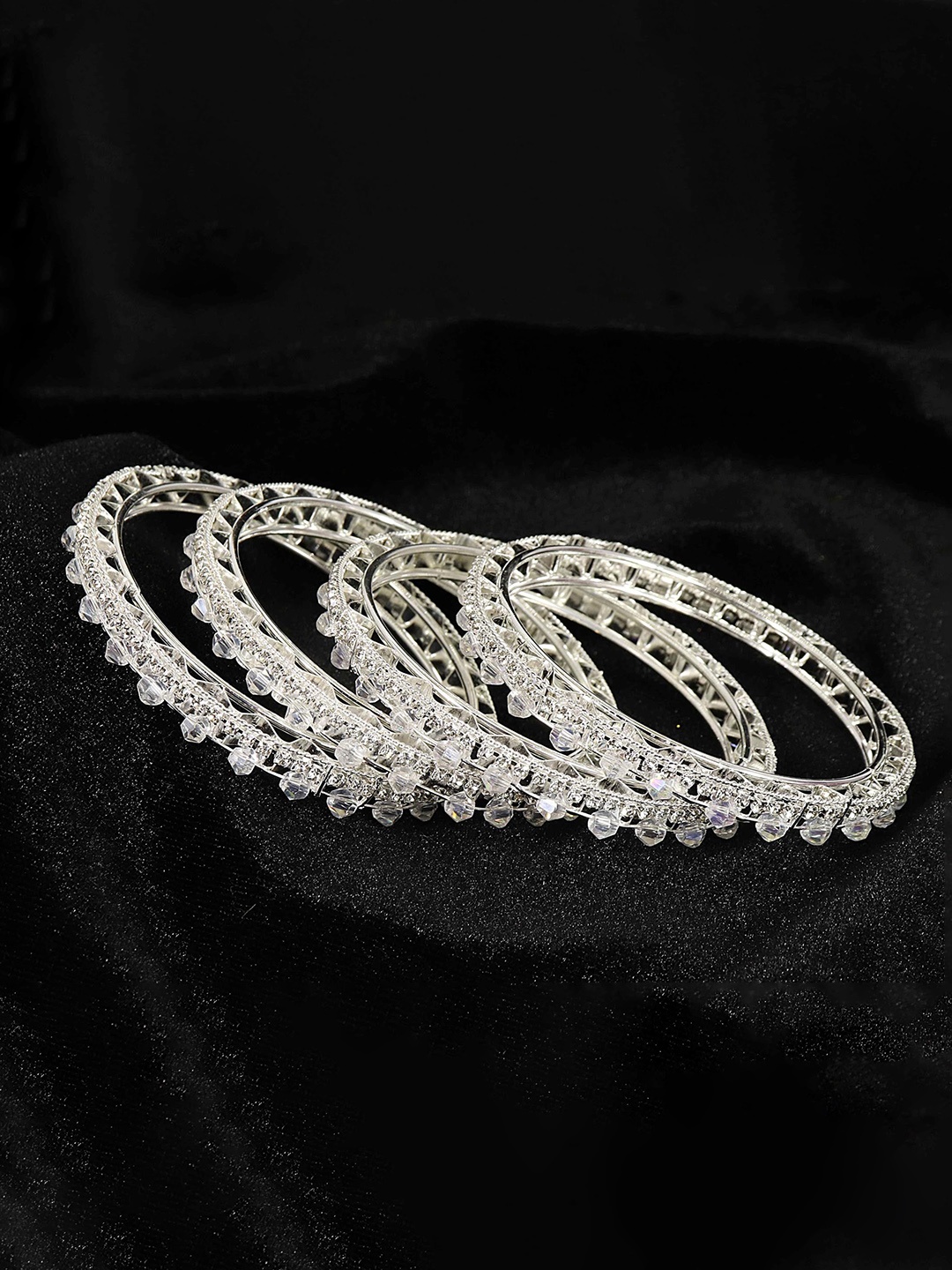

ZULKA Set of 4 Silver Plated Artificial Stones and Beads Studded Bangles