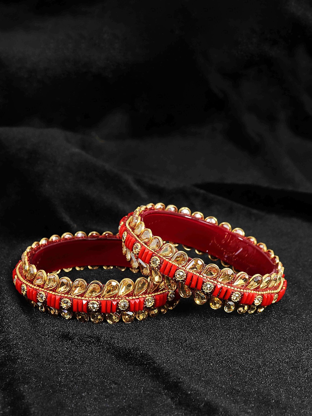 

ZULKA Set of 2 Glass Golden Kundan & Zircon Stone Stylish Bangles Kada, Red