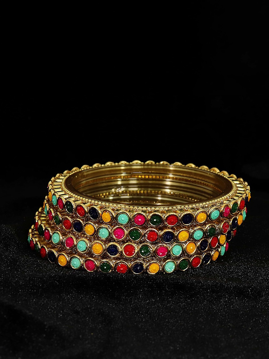 

ZULKA Set of 4 Glass Golden Zircon Stones & Beads Work Bangles, Gold