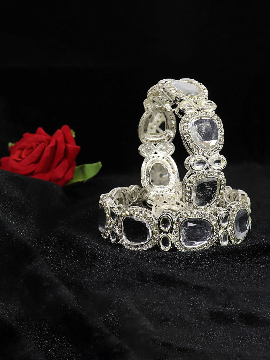 

ZULKA Set of 2 Stone-Studded Mirror Work Bangles, Silver