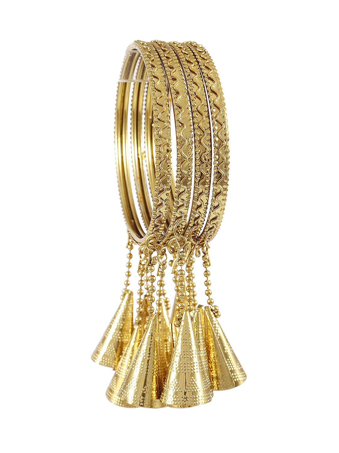 ZULKA Set of 4 Curved Kaleere Latkan Linked Metal Kada, Gold