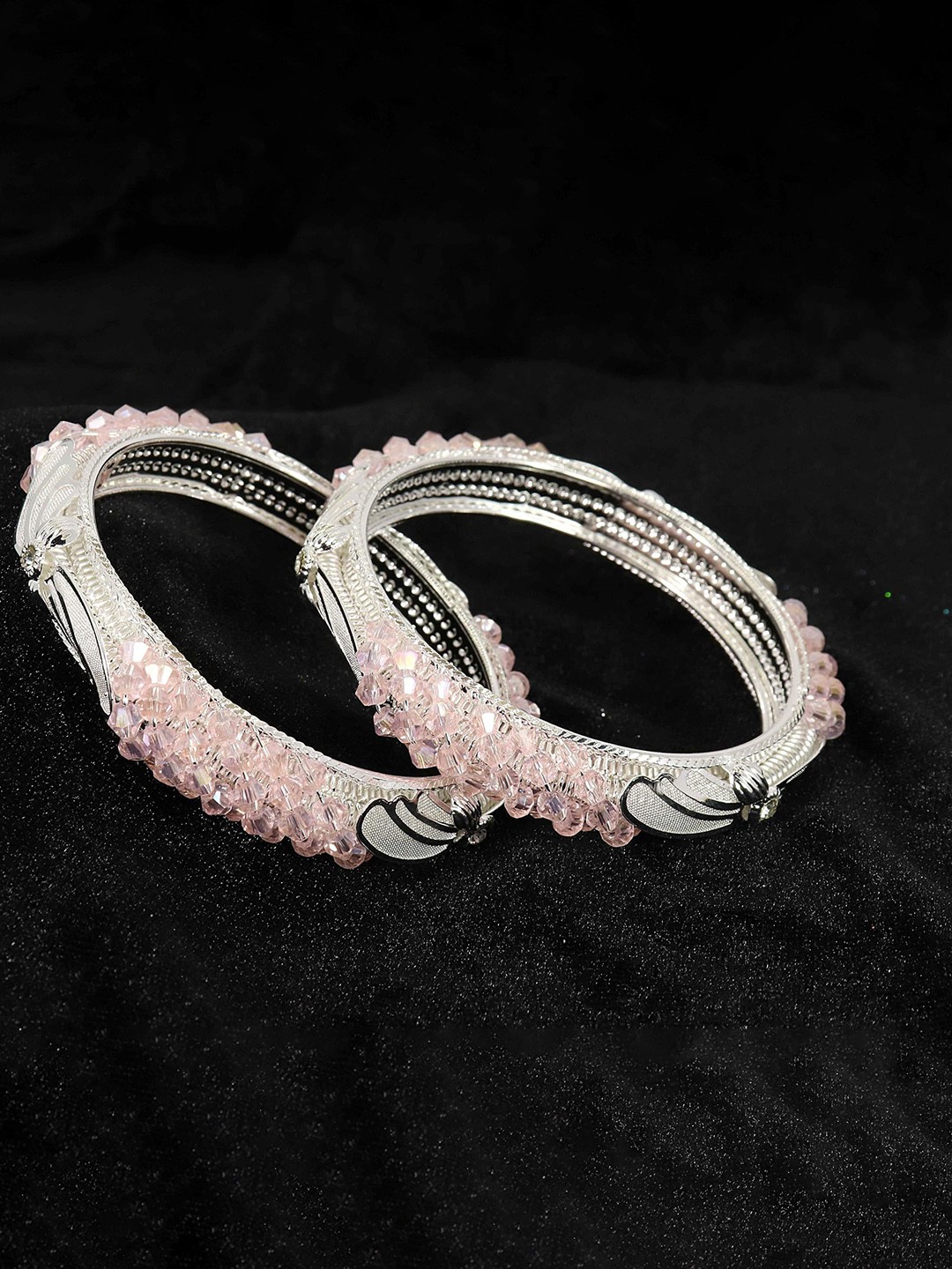 ZULKA Set of 2 Silver Plated Artificial Stones and Beads Studded Bangles, Pink
