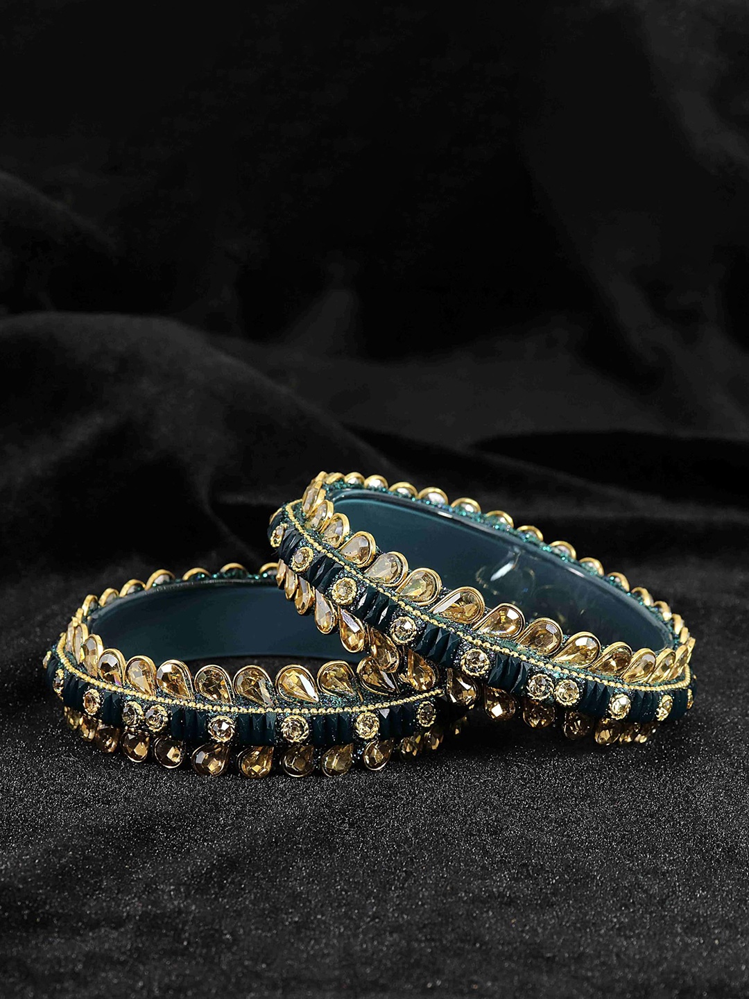 

ZULKA Set of 2 Glass Golden Kundan & Zircon Stone Stylish Bangles, Teal