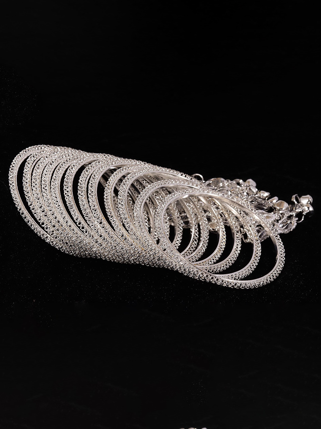 

ZULKA Set of 12 Styish Metal With Zircon Stone and Bells Latkan Bangles, Silver