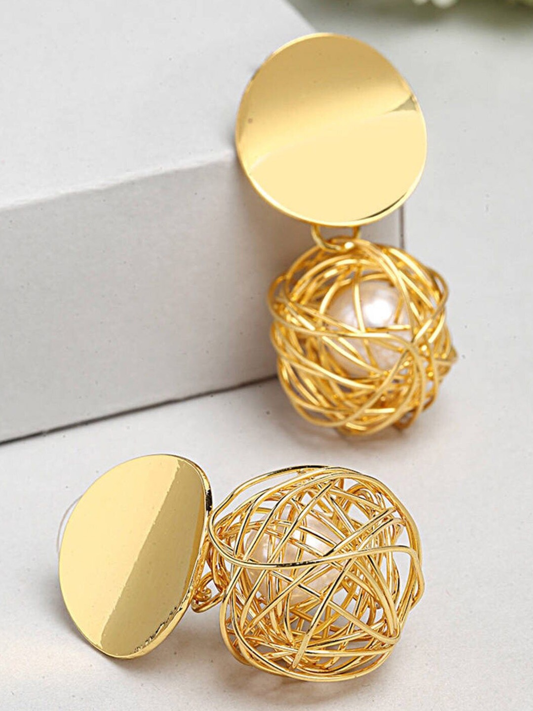 Palli Creation Gold-Plated Circular Pearls Drop Earrings